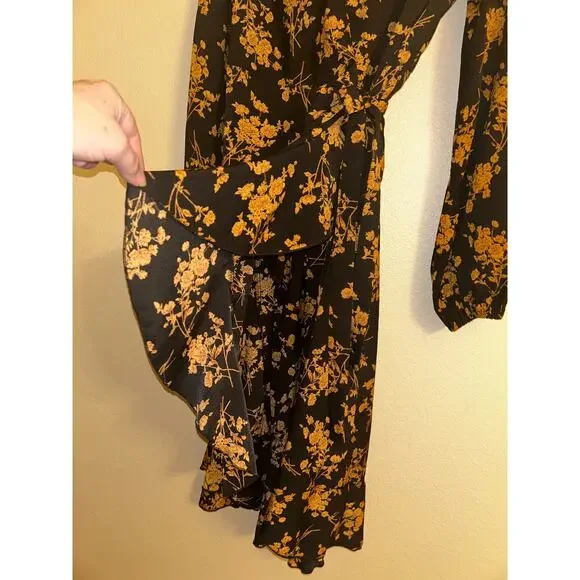C+D+M Boho Preppy Professional Old Money Black & Gold Floral Wrap Dress - Picture 7 of 14